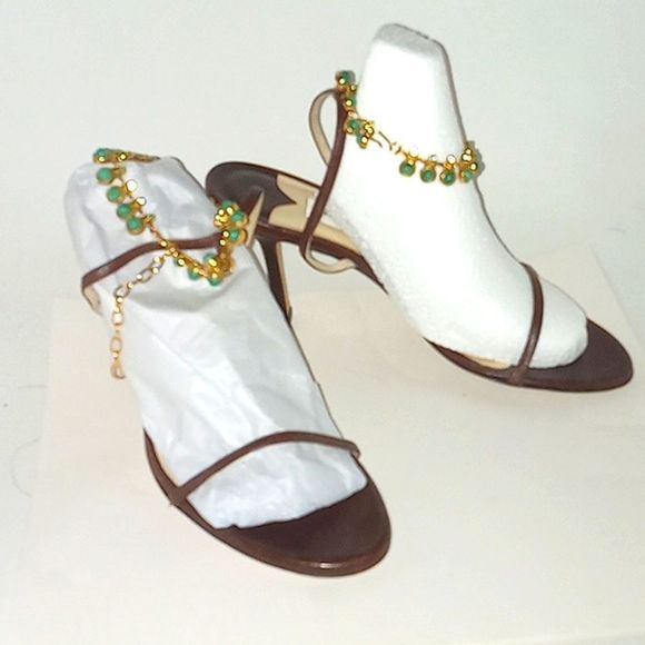 JIMMY CHOO LONDON BROWN STRAPPY HEELED SANDALS WITH JEWELED ANKLE STRAP